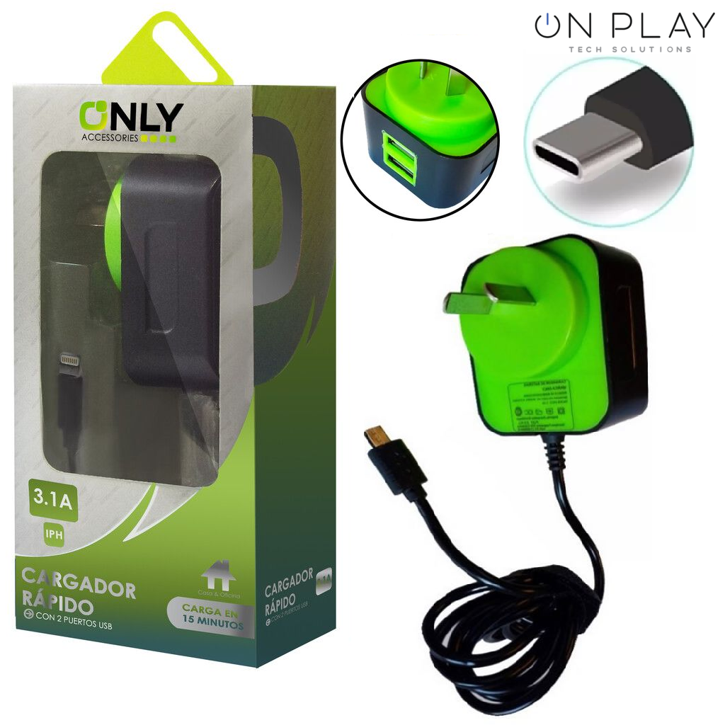 CARGADOR 220V ONLY POTENCIADO 2 USB TIPO C VERDE