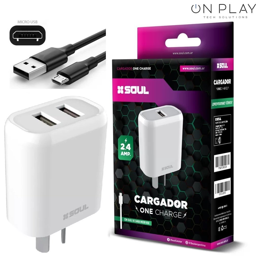 Cargador Rapido 2USB Soul Duo 2.4 Cable Micro USB