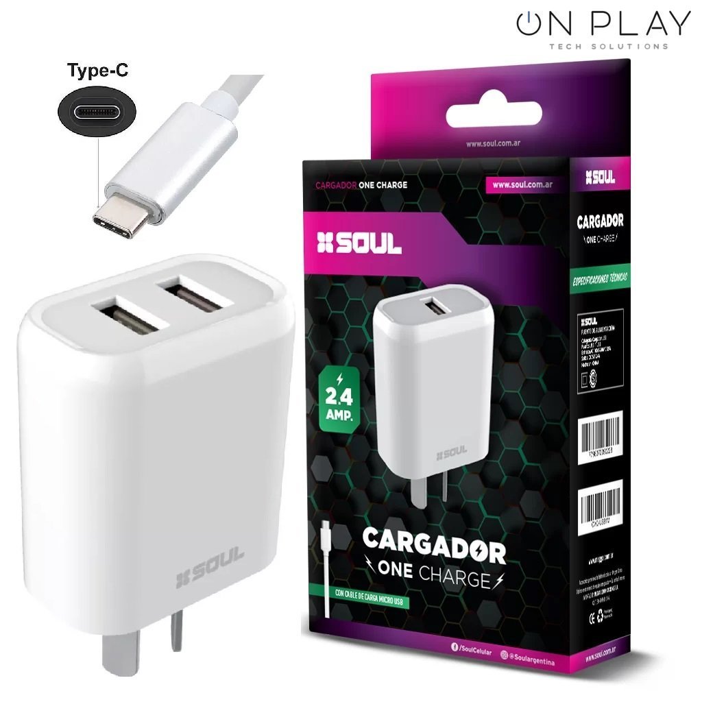 Cargador Rapido 2 USB Soul Duo 2.4 Cable TIPO-C