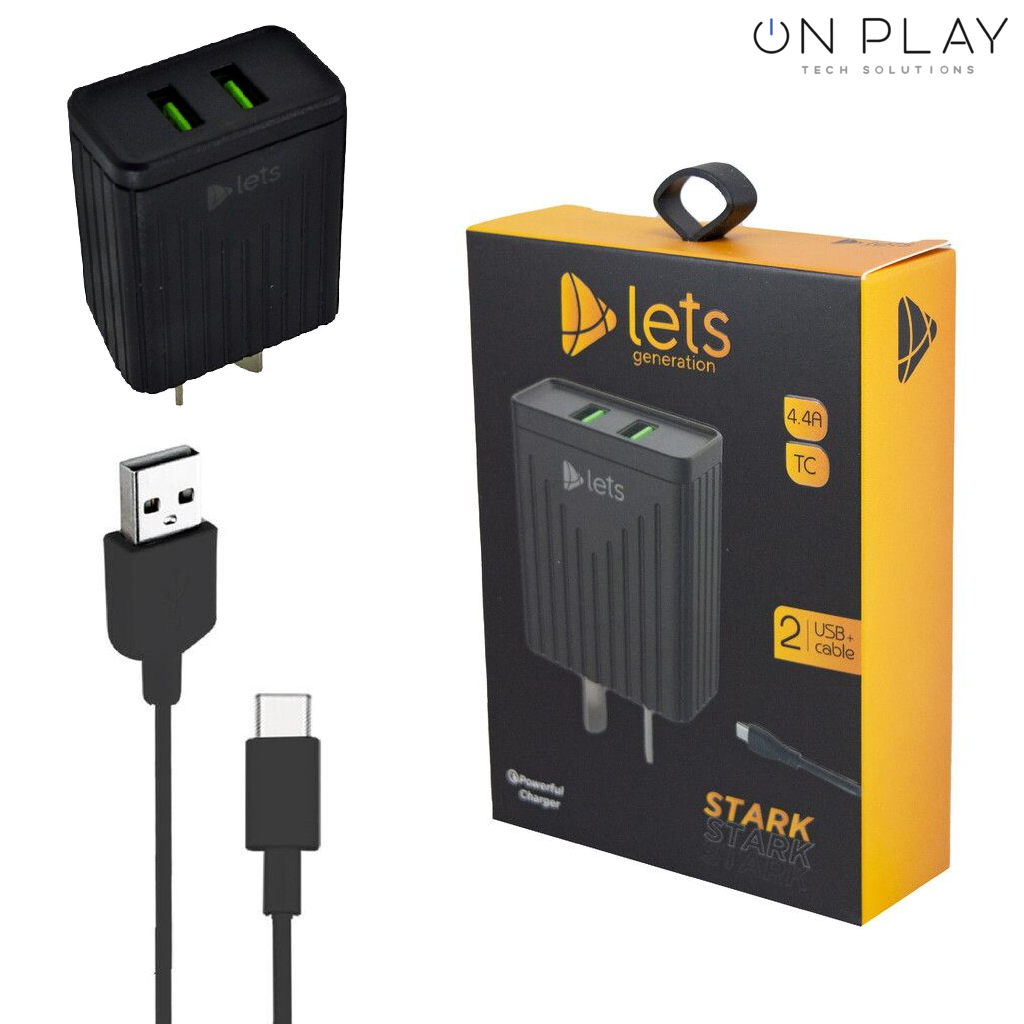 CARGADOR 220V LETS STARK 4.4A 2 USB + CABLE TIPO C -