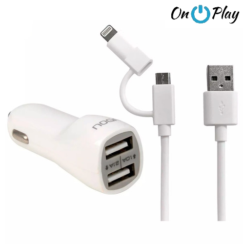 CARGADOR AUTO NOGA 2 USB 2.1A MICRO USB CON ADAPTADOR PARA IPHONE lightning