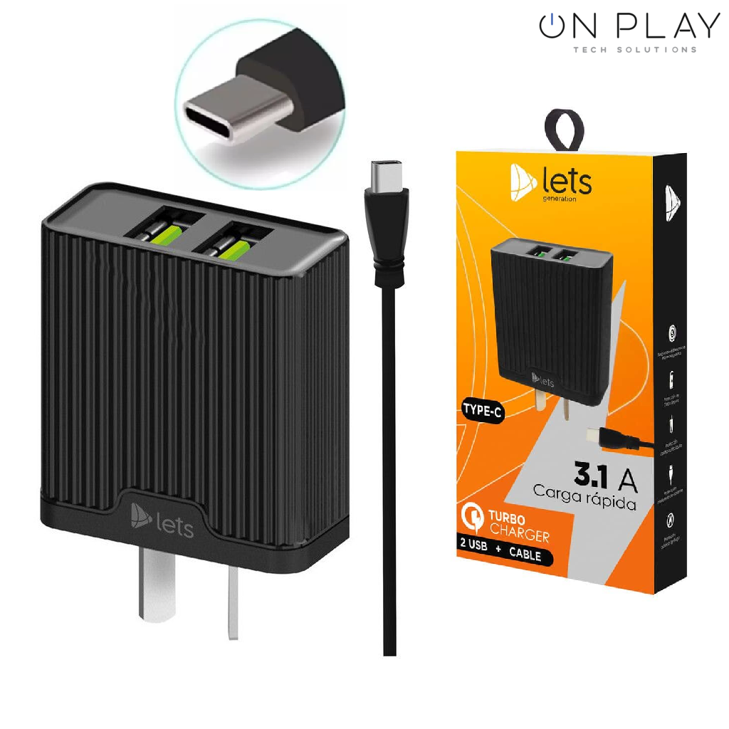 CARGADOR 220V LETS 3.1A CARGA RAPIDA 2 USB + CABLE TIPO C