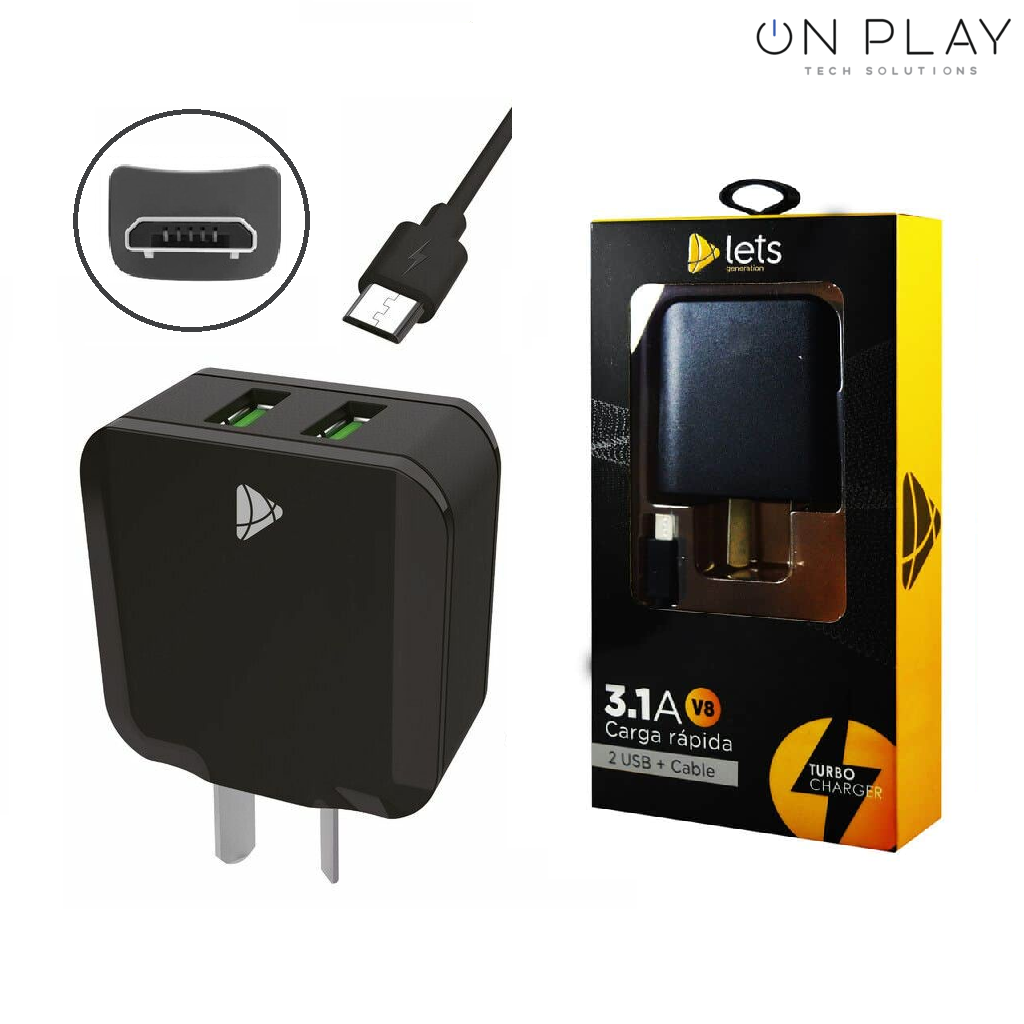 CARGADOR 220V LETS 3.1A CARGA RAPIDA 2 USB + CABLE MICRO USB -