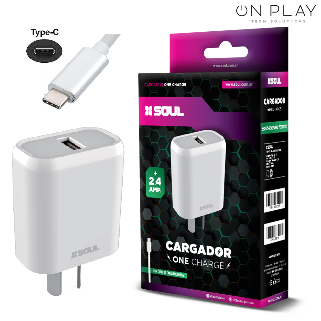 CARGADOR RAPIDO SOUL ONE CHARGE 2.4 + CABLE TIPO-C