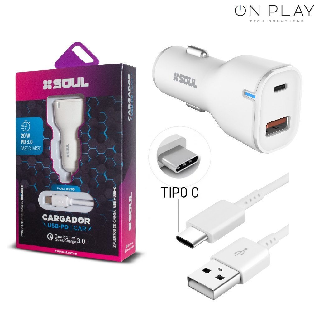 Cargador Auto SOUL 20W Carga Rapida USB-PD 3.0 Tipo-C