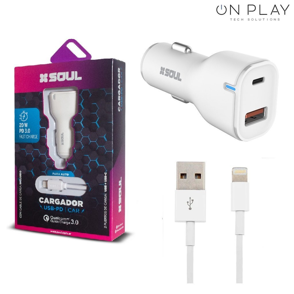 Cargador Auto SOUL 20W Carga Rapida USB-PD 3.0 iphone