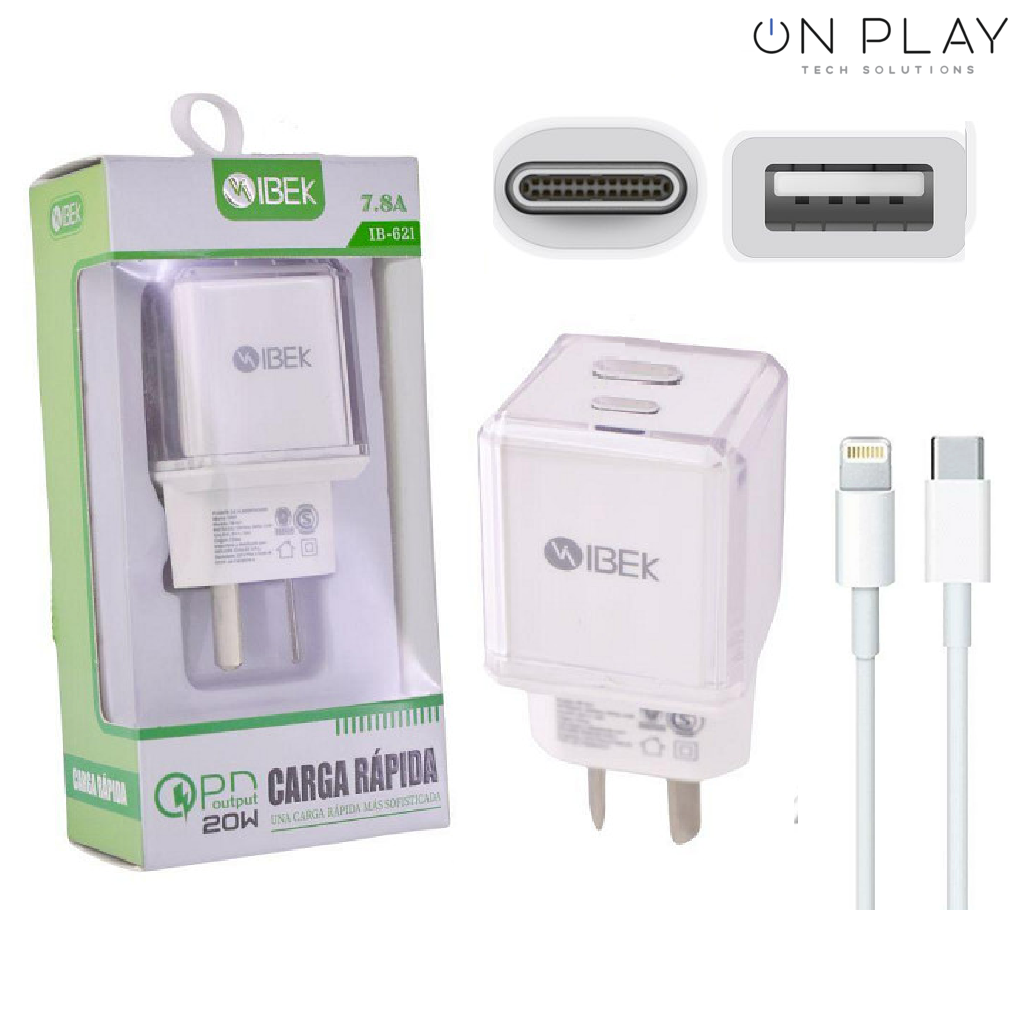 Cargador Carga Rápida IBEK 20W IPHONE 7.8A USB C+A IB-623