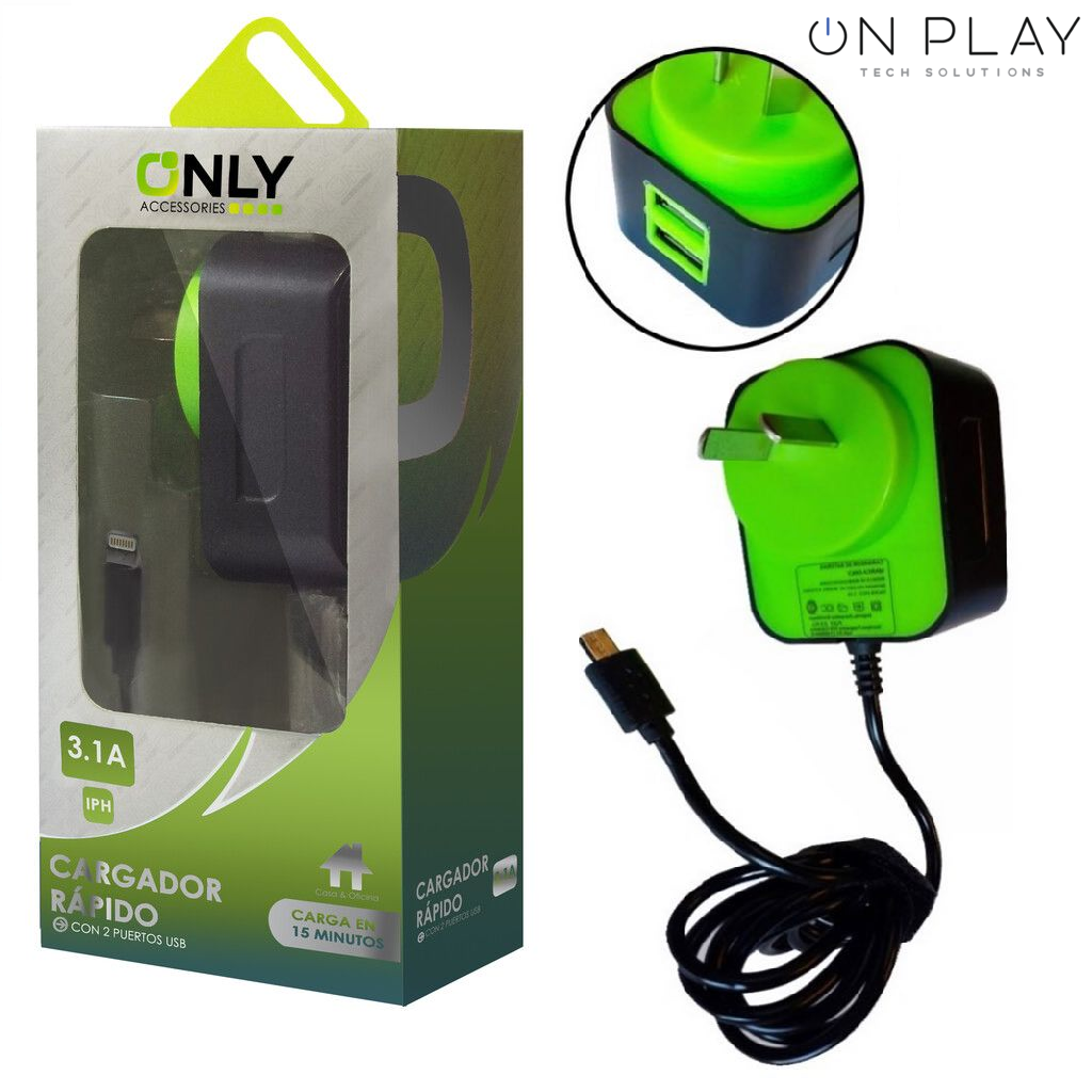 CARGADOR 220V ONLY POTENCIADO 2 USB MICRO USB VERDE
