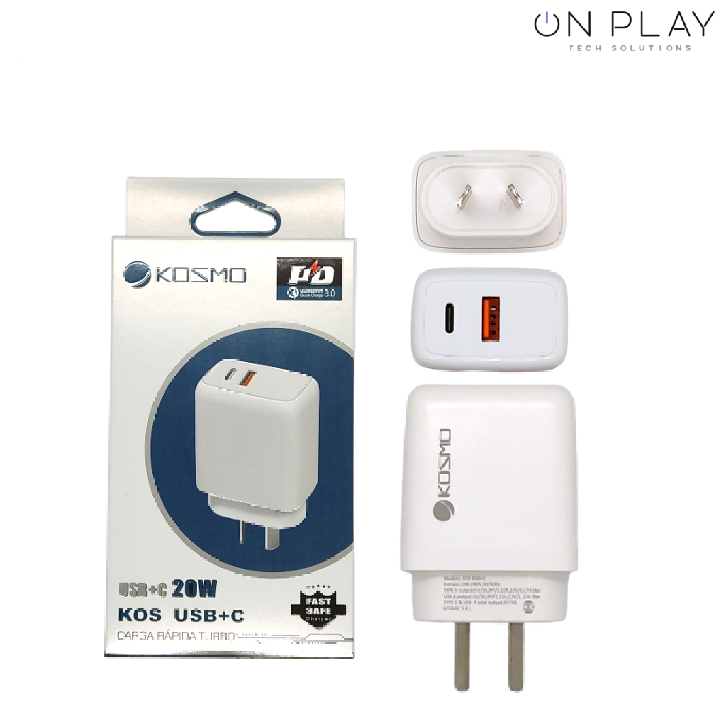 Cargador KOSMO 20W USB + TIPO-C Qualcomm 3.0 Solo Base