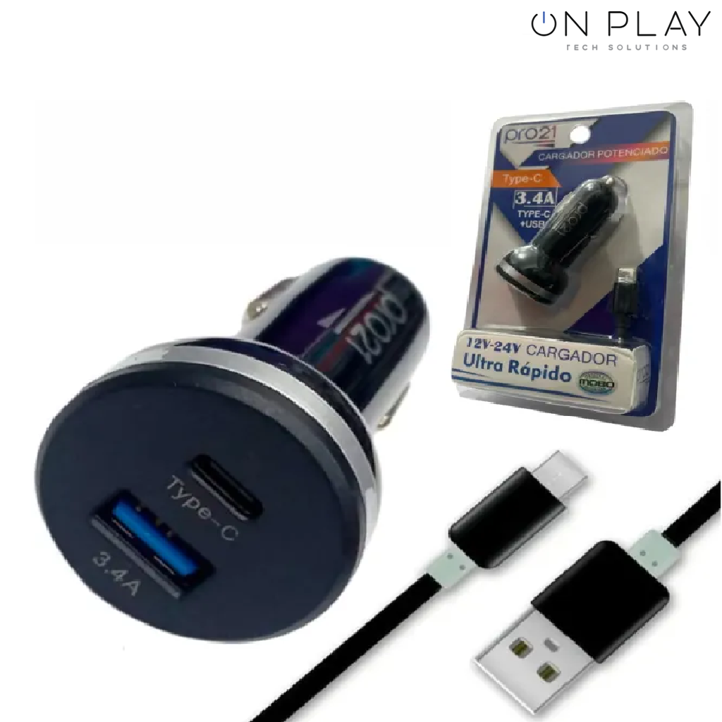 Cargador PRO21 3.4A 12V para Auto Tipo-C +USB