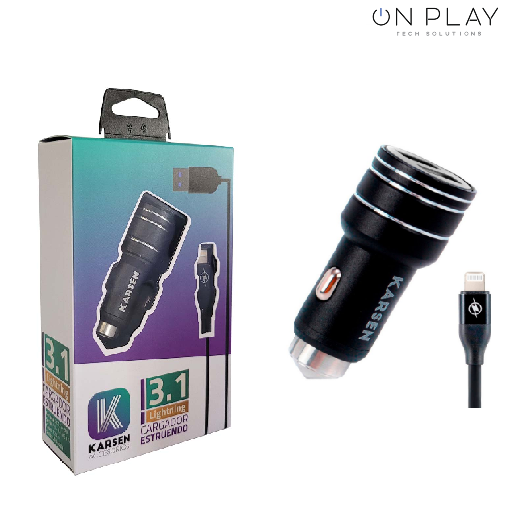 Cargador Auto 12v KARSEN ESTRUENDO 3.1A 2USB + Cable IPHONE