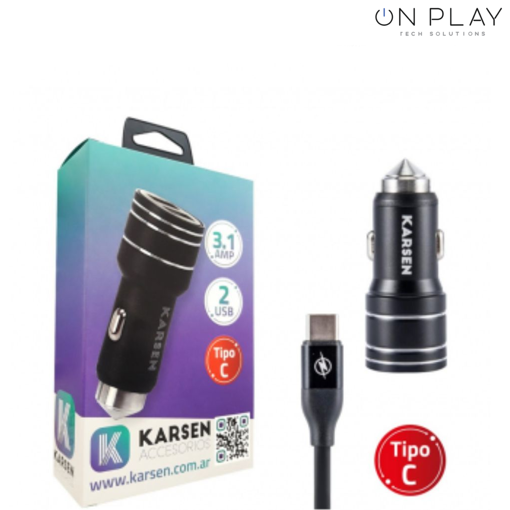 Cargador Auto 12v KARSEN ESTRUENDO 3.1A 2USB + Cable Tipo C